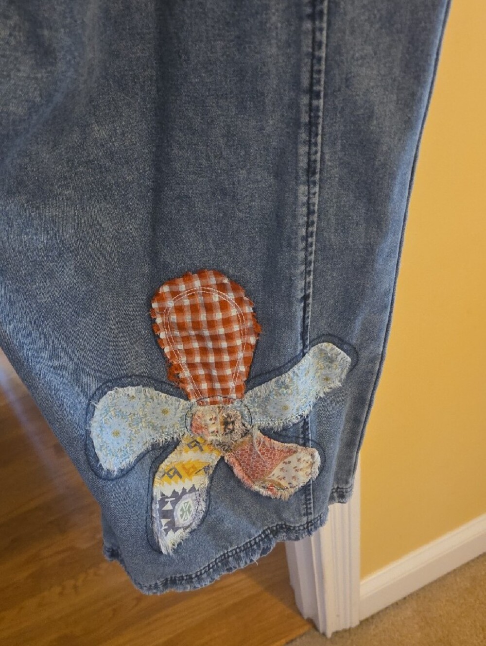 easel Blue Denim Overalls with Floral Patch Accents - Picture 3 of 5